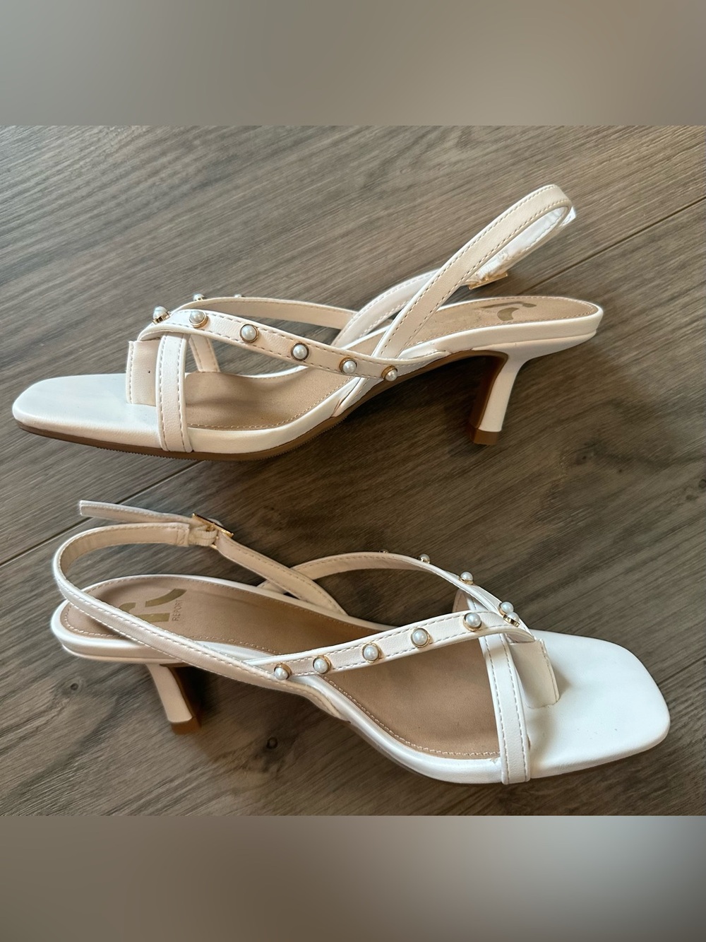 6 Vienna report cream pearl golden kitten heel sandals strapped pearl wedding - Picture 3 of 10